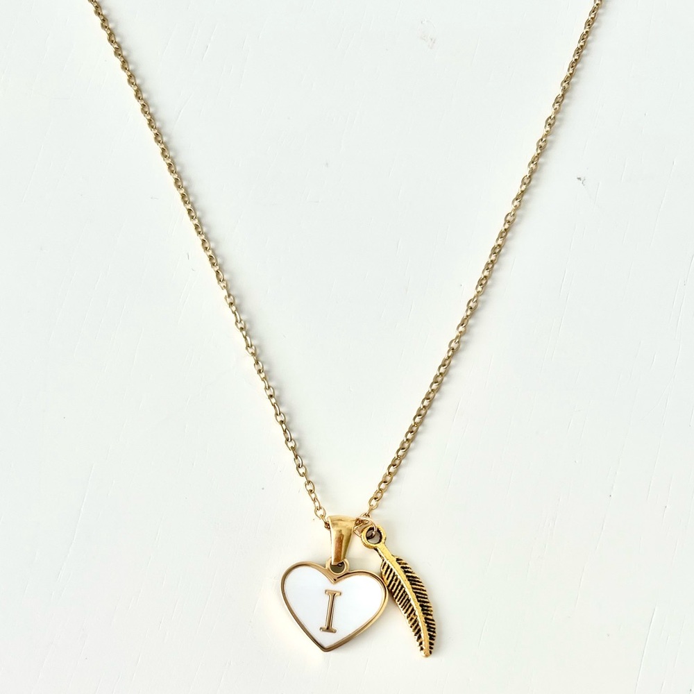 Initial Letter Necklace. I. Gold Heart and Feather 14k Gold Plated